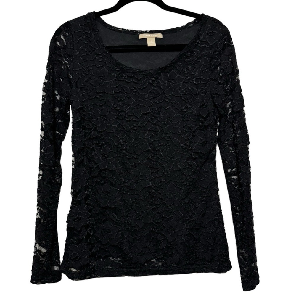 Banana Republic Black‎ Lace Long Sleeve Scoop Neck Top Womens Size Small